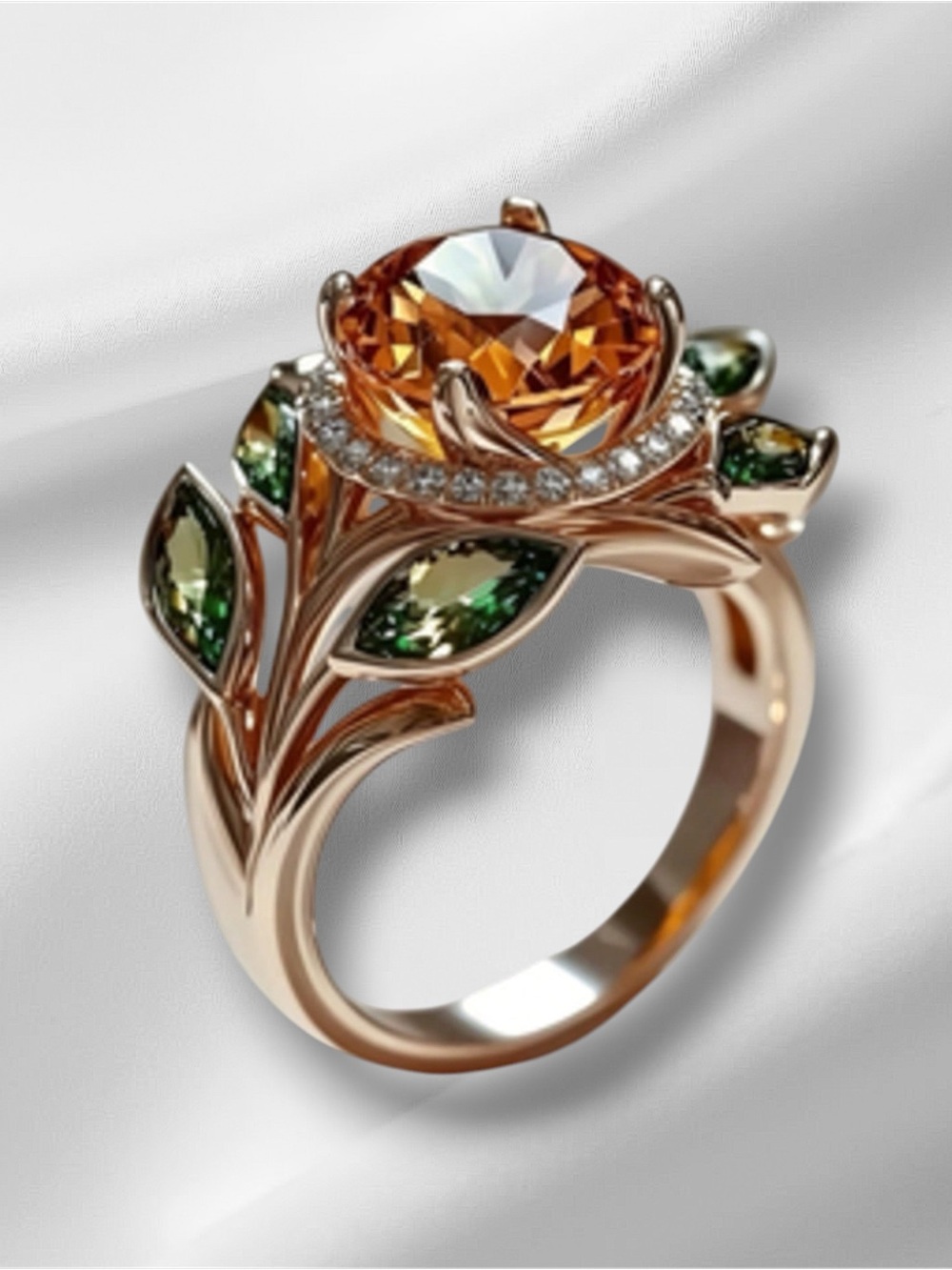 Rose Gold Floral Citrine and Green Tourmaline Ring size 7